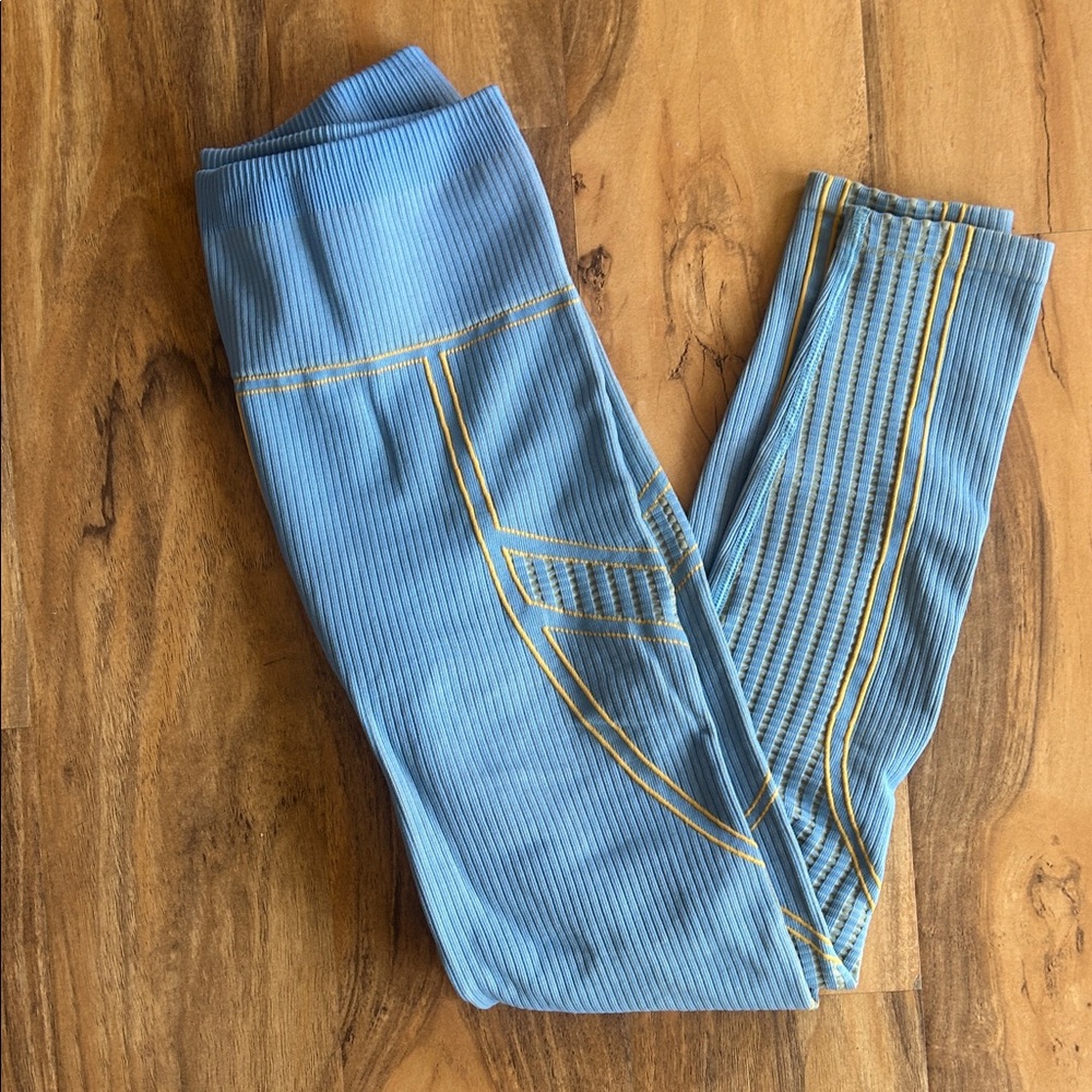Fabletics Blue Leggings with Yellow Stitching